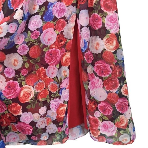 Ieena Mac Duggal Floral Puff Sleeve Tie Slit Romantic Midi Dress Pink Red Size 0 - Picture 6 of 15